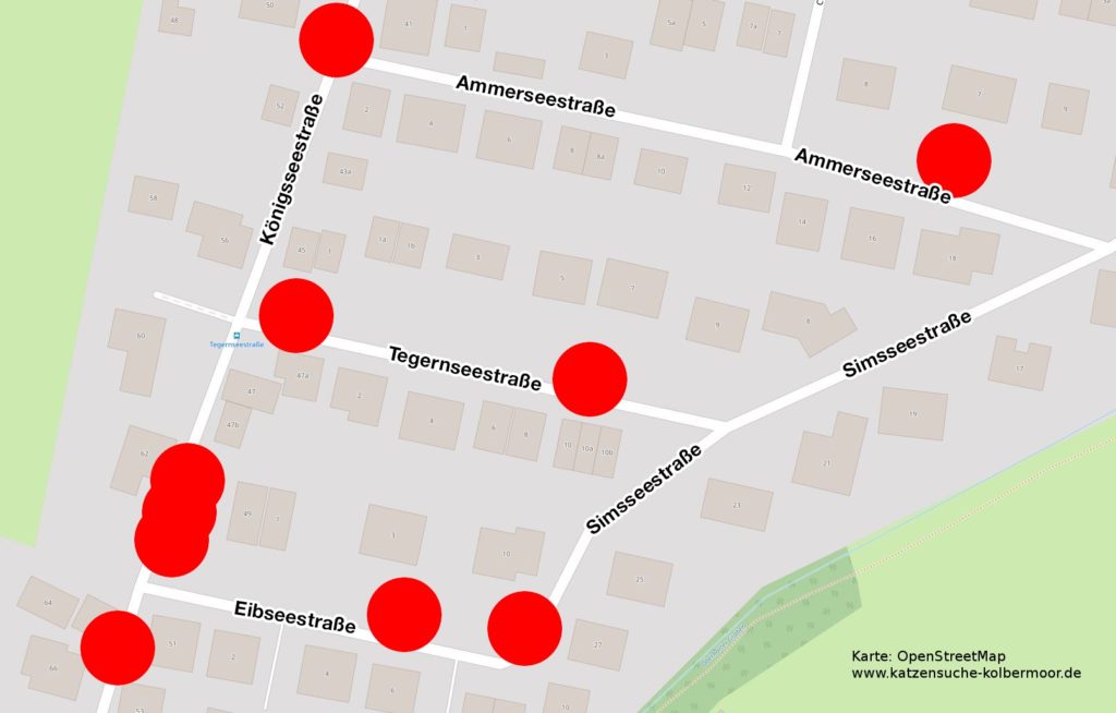 In diesem kleinen Gebiet verschwanden innerhalb von zehn Monaten mindestens zehn Hauskatzen. Nun erhofft man sich Hinweise, was mit den Tieren passiert ist.